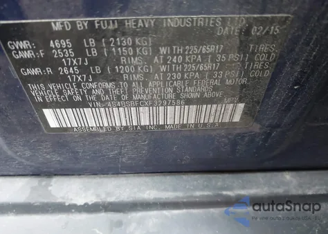 2015 Subaru Outback 2.5I Premium z USA, uszkodzony, nr VIN 4S4BSBFCXF3297586